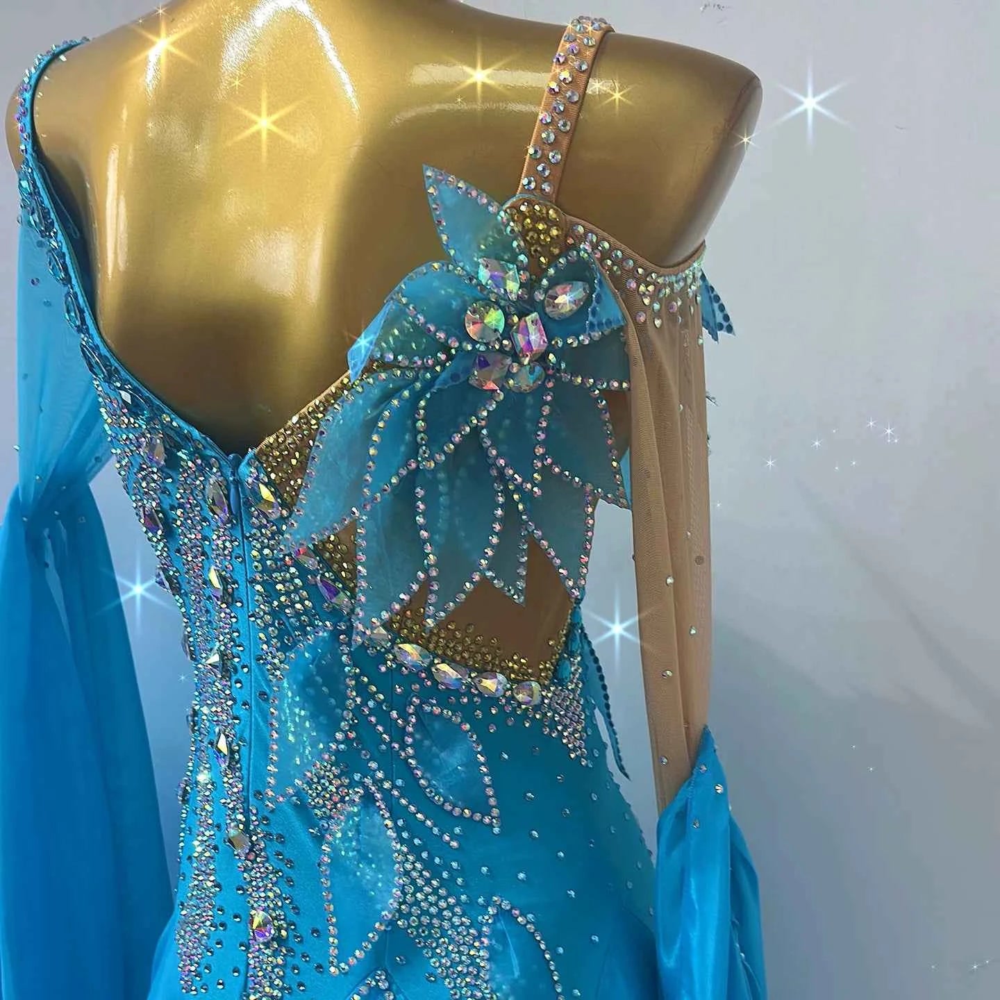 Custom Turquoise Competition Ballroom Dance Dress with 3d Petal Flowers Waltz Tango Smooth Dance Gown