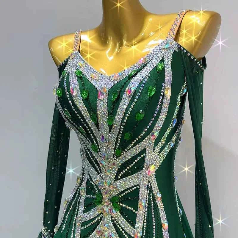 Custom Size Green Crystal Ballroom Dance Dress Tango Foxtort Rhytm Waltz Performance Costume