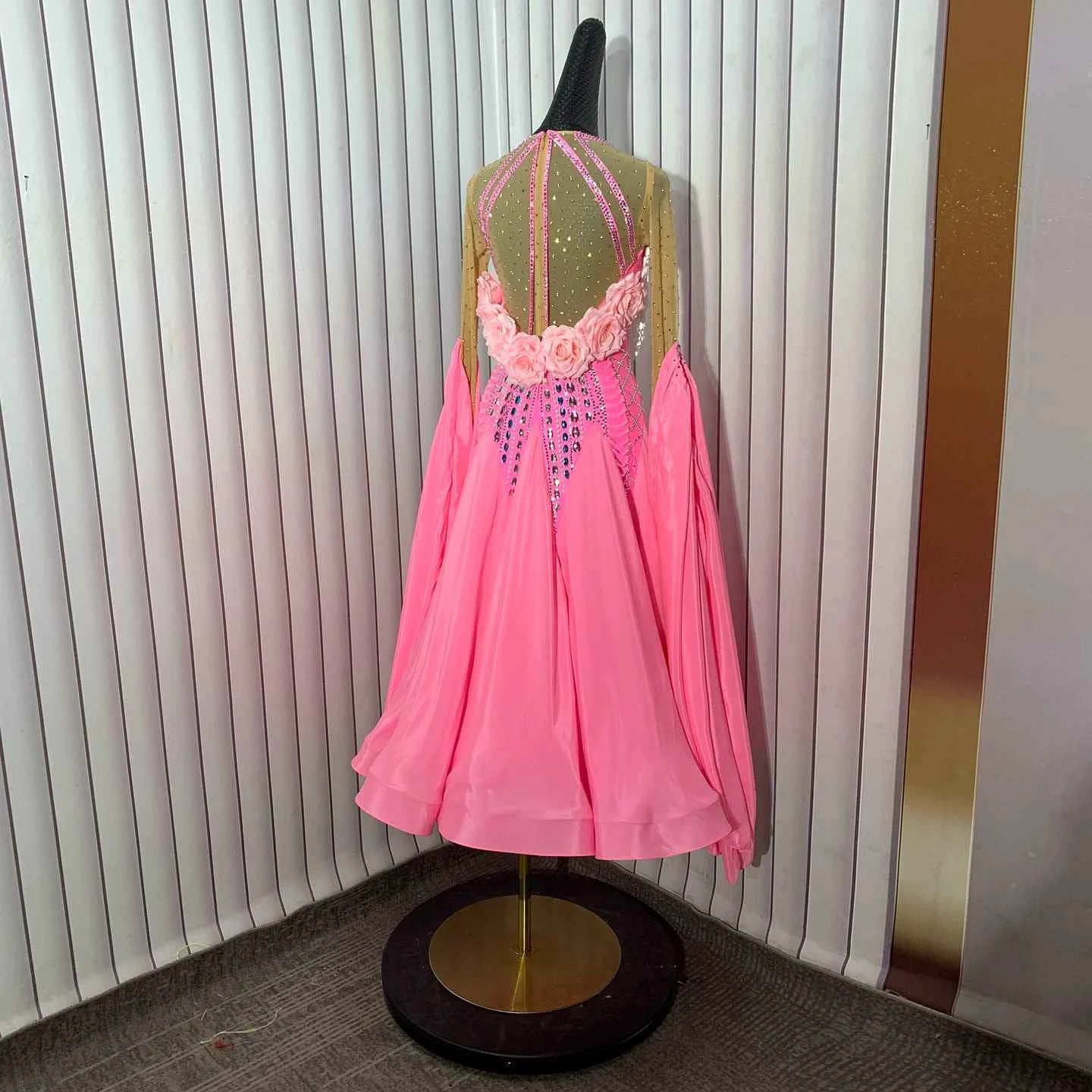 Custom Pink Ballroom Dance Dress with 3D Roses Crystals Fringe Competition Waltz Tango Dancing Gown