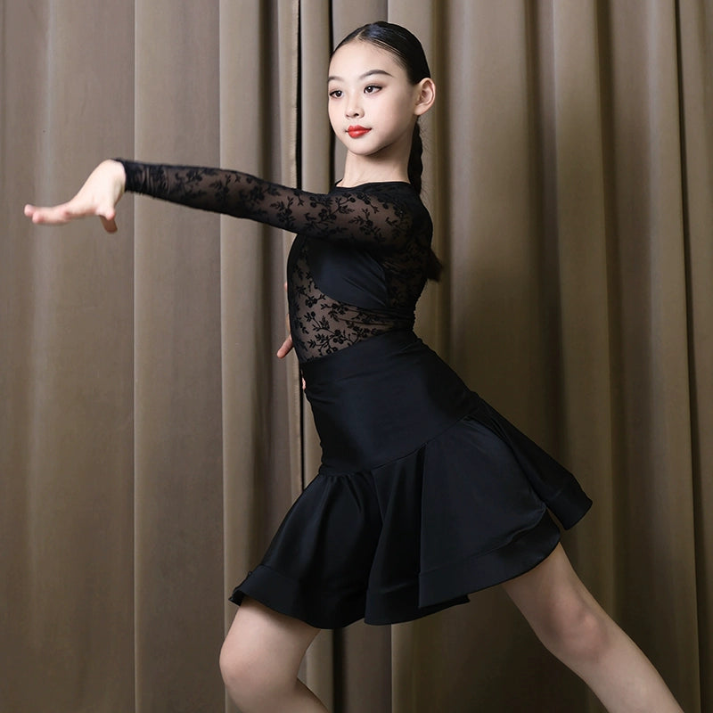 Black Lace Long Sleeves Latin Dance Clothes for Girls Kids Flowers Lace Salsa Rumba Chacha Performance Dresses for Children - Moderndancedress.com