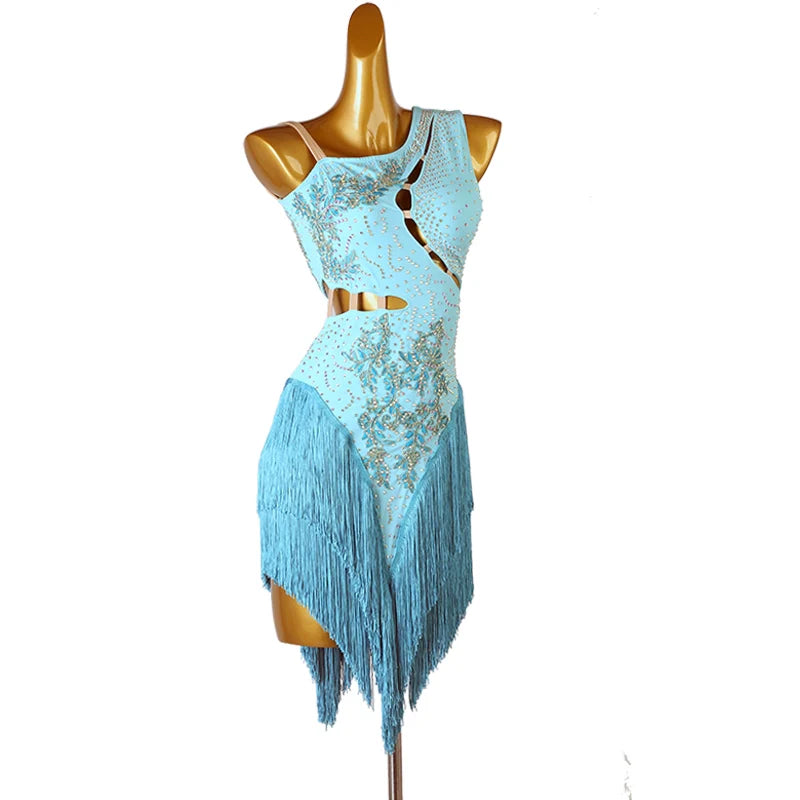 Slant Neck Yellow Blue Red Green Orange Latin Dance Competition Dresses for Women Girl Rumba Salsa Chacha with Stones Performance Clothes - Moderndancedress.com
