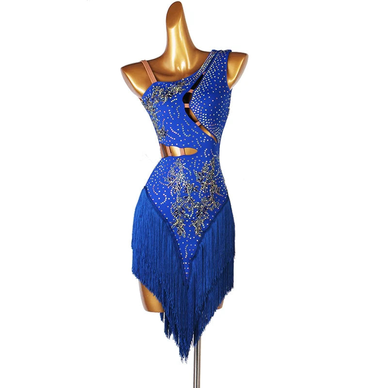 Slant Neck Yellow Blue Red Green Orange Latin Dance Competition Dresses for Women Girl Rumba Salsa Chacha with Stones Performance Clothes - Moderndancedress.com