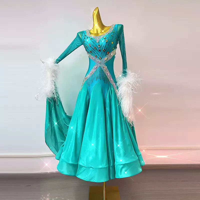 Customized Turquoise Competition Ballroom Dress Waltz Tango Smooth Gown