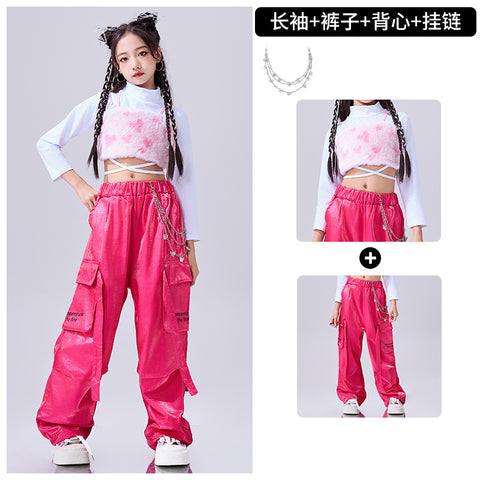 Girls Hiphop Dance Costumes Pink Feather Kids Jazz Gogo Rapper Singers Street Dance Suit Walk Show Outfits