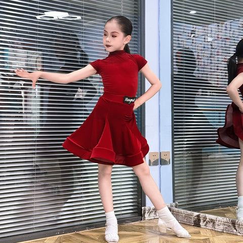 Children girls Latin dance dresses pink purple short-sleeved  ultra-thin velvet test competition ballroom latin salsa performance clothing - Moderndancedress.com