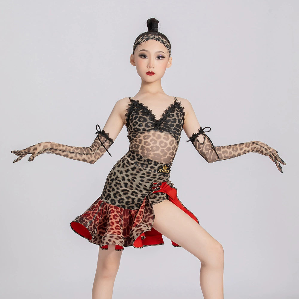 Red leopard competition ballroom Latin dance dresses for kids girls latin salsa rumba chacha dance practice sling skirt for children - Moderndancedress.com