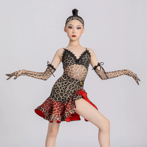 Red leopard competition ballroom Latin dance dresses for kids girls latin salsa rumba chacha dance practice sling skirt for children - Moderndancedress.com