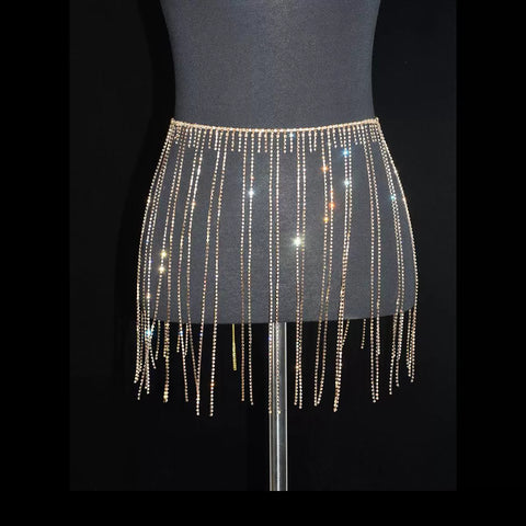 Women girls latin jazz rave dance Rhinestone tassel waist chain hollow bling hot pole dance tassel skirt belly dance body chain belts - Moderndancedress.com