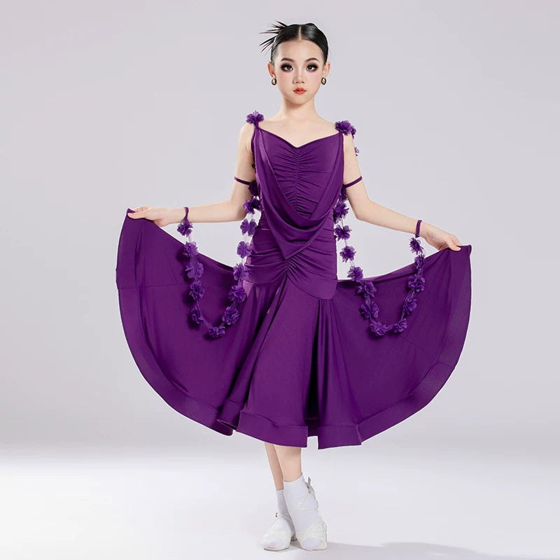 Girls Purple Ballroom Dance Dress  with Flowers Float Waltz Tango Performance Long Gown