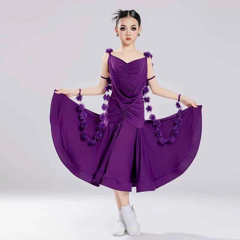 Girls Purple Ballroom Dance Dress  with Flowers Float Waltz Tango Performance Long Gown