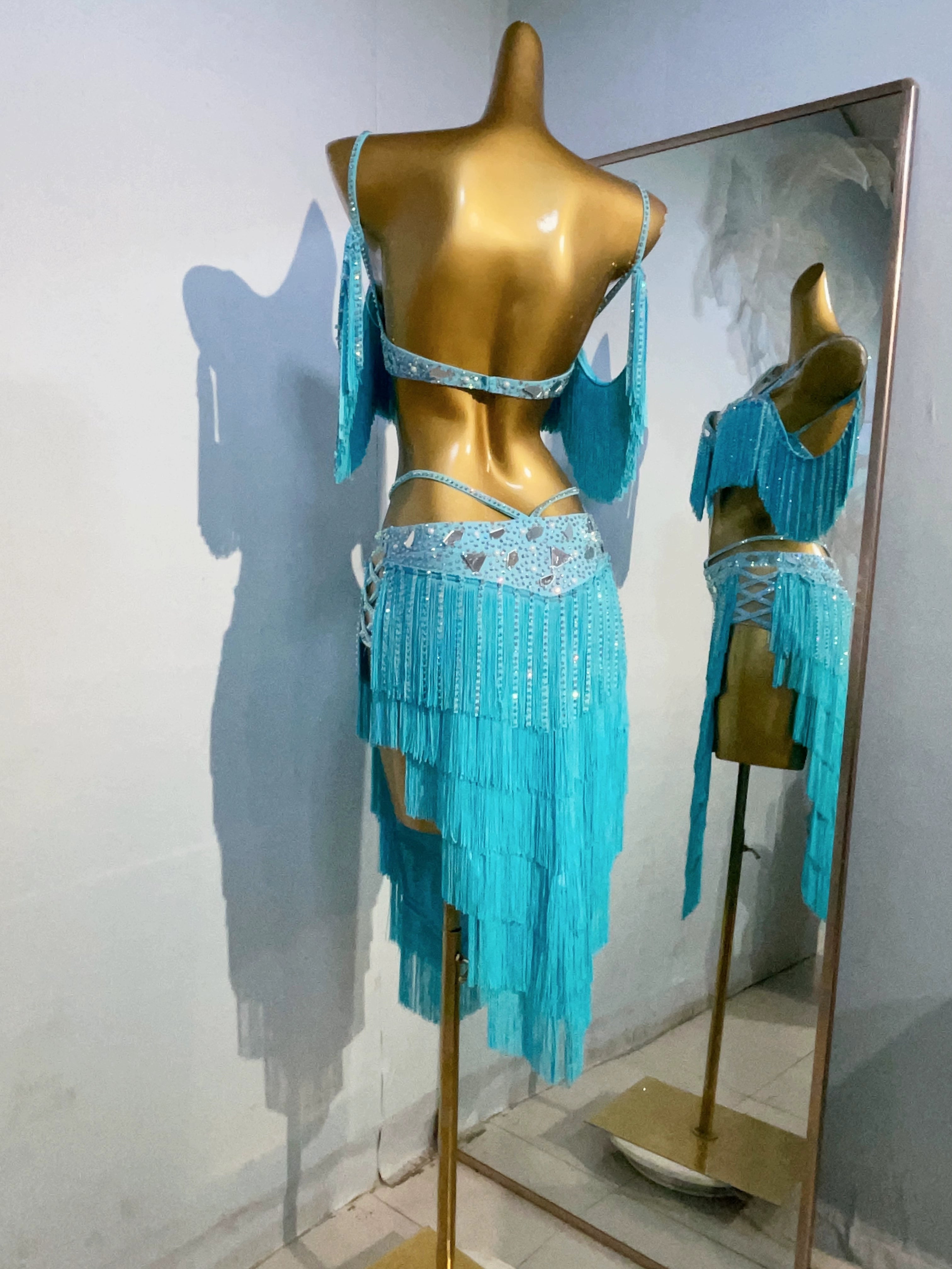 Custom Size Competition Blue Coffee Latin Dance Dresses Fringe Belly Dance Clothing for Women Girls - Moderndancedress.com