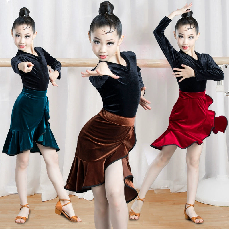Girls Latin Dance Dresses Children's Latin dance clothes Latin dance practice clothes girl's Latin dance skirt split long sleeve gold velvet test - Moderndancedress.com