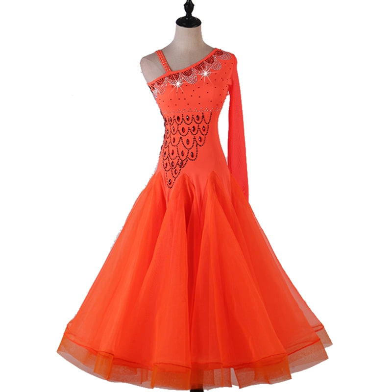 One Shoulder Rhinestones Competition Ballroom Dance Dresses for Women Girls Orange Black Waltz Tango Foxtrot Rhythm Performance Long Gown - Moderndancedress.com