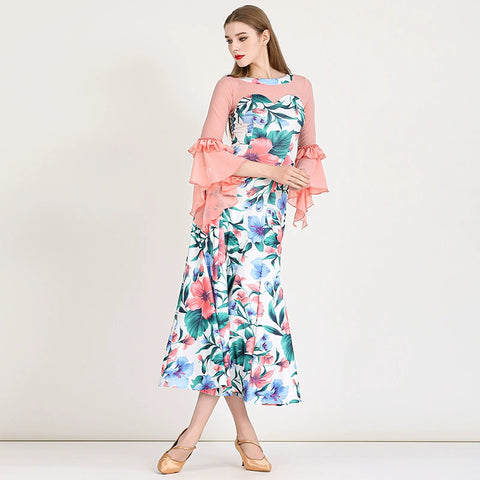 Printing flowers ballroom dance dresses for women girls waltz tango modern dance long gown stage performance practice clothes - Moderndancedress.com