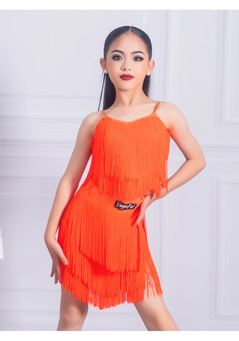 orange tassels Latin Dance dresses for girls kids samba salsa chacha  Dance fringe costumes modern dance Performance Class Uniform - Moderndancedress.com
