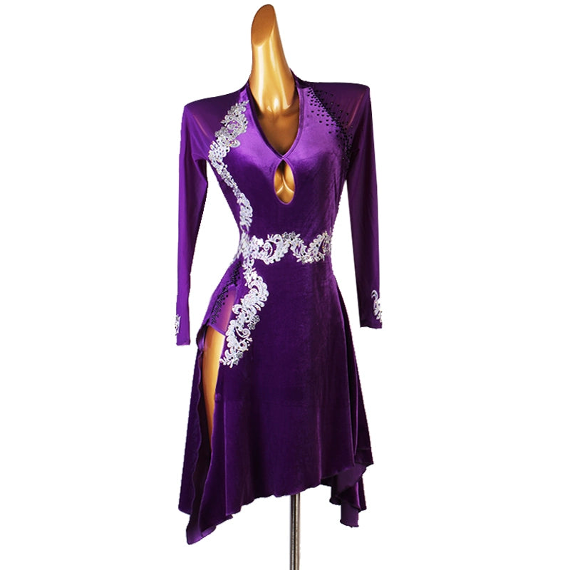 Black Dark Green Red Velvet Rhinestones Latin Dance Dresses for Women Girls Competition Side Slit Latin Salsa Rumba Chacha Jive Cha Cha Dance Costume - Moderndancedress.com