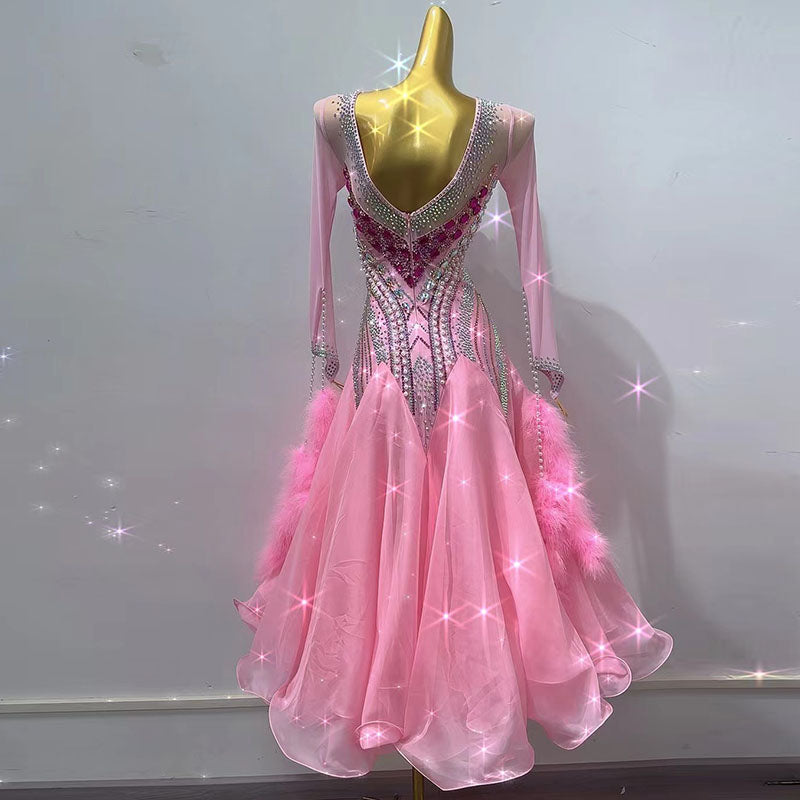 Customized Size Rhinestones Light Pink Competition Ballroom Dance Dresses for Women Girls Waltz Tango Foxtrot Rhythm Smooth Dance Swing Skirt - Moderndancedress.com