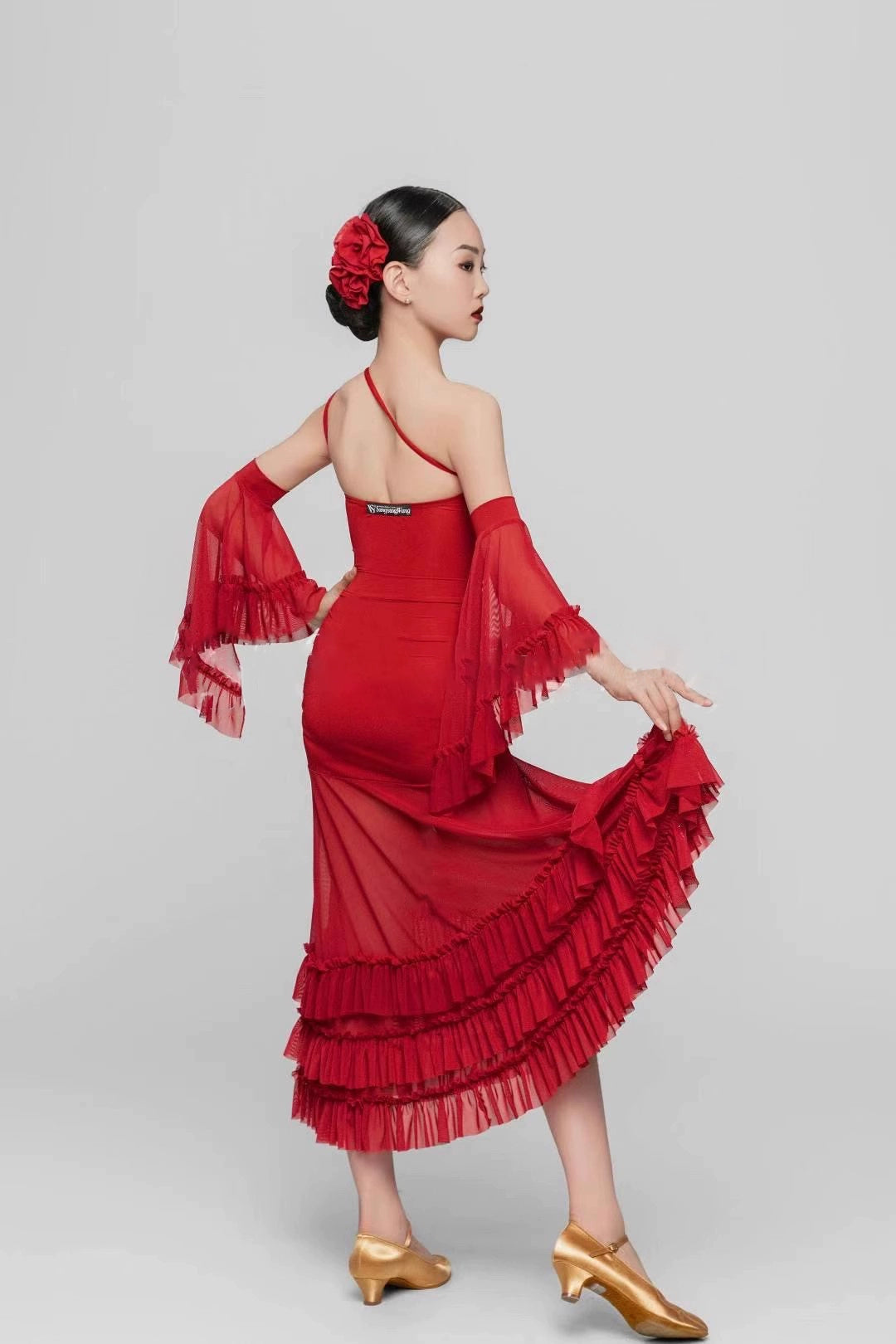 Girls Red black fringe Latin dance costumes slanted shoulders ballroom latin dance skirts  flower practice solo dance suit for kids - Moderndancedress.com