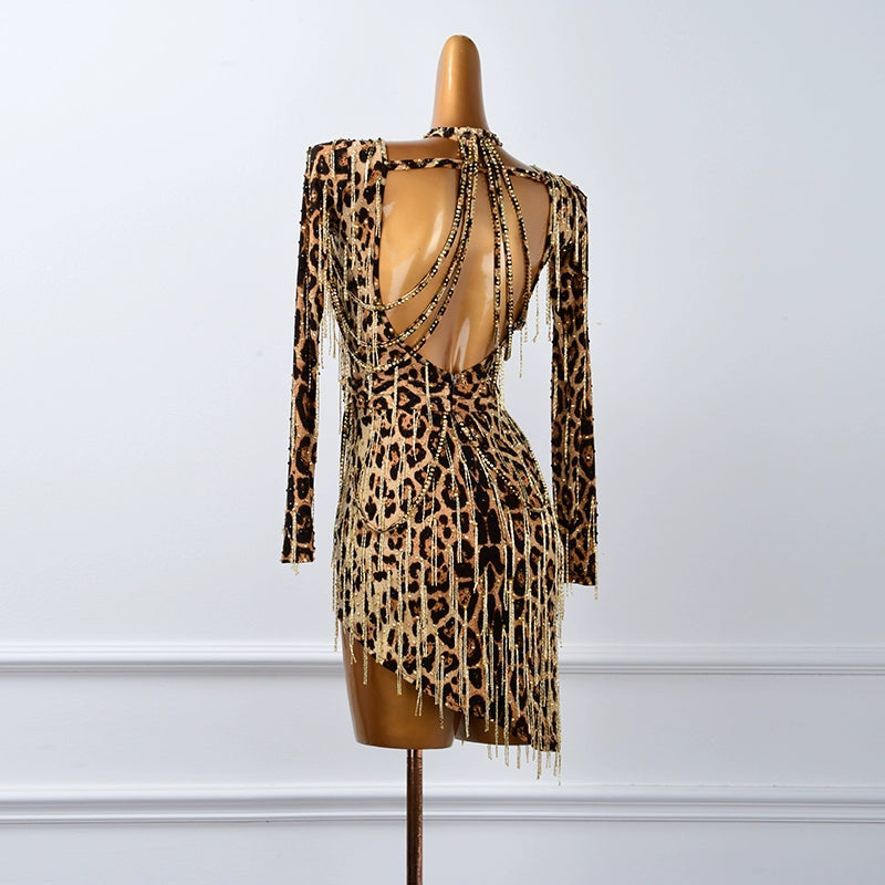 Custom Size Leopard Print Latin Dance Dresses Cha Cha Costume Rumba Performance Denim Dance Diamond Dress