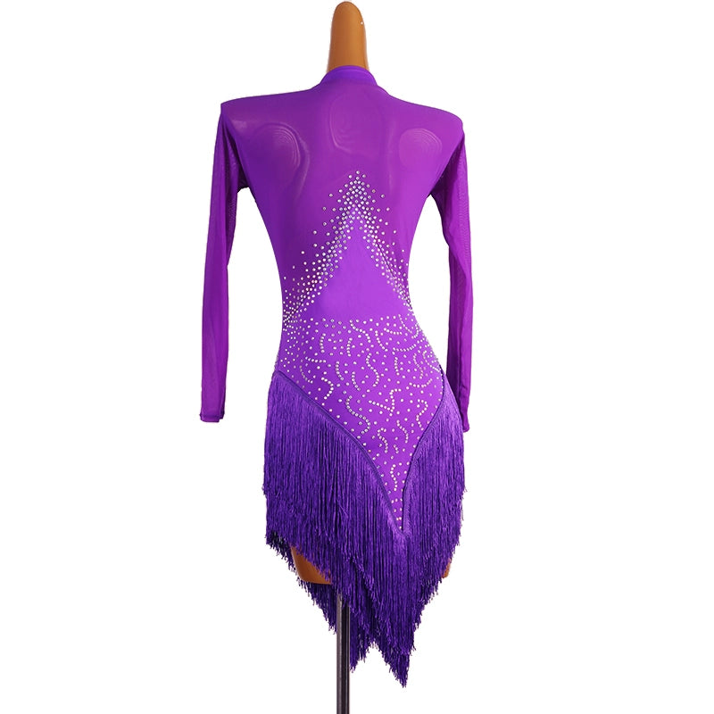 White Red Blue Fringe  Latin Dance Dress for Women Girls Purple Long Sleeves Rhinestones Competition Performance Rumba Chacha Dancing Costumes for Female - Moderndancedress.com