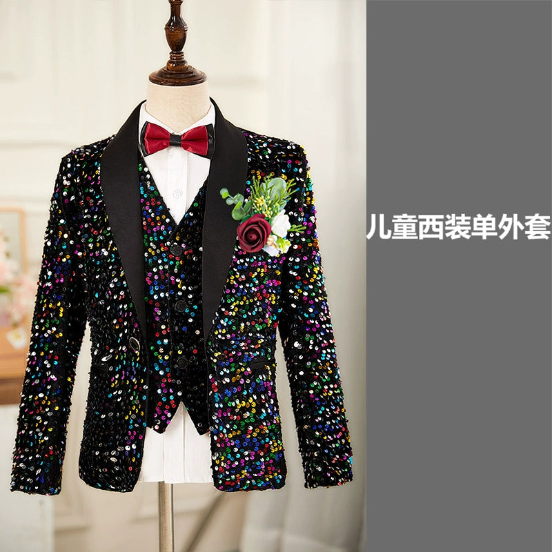 Boys Rainbow Navy Sequins Jazz Dance Coats Host Singers Pianist Performance Blazers Wedding Birthday Party Flowers Boys Jacket for Kids - Moderndancedress.com