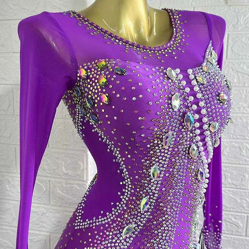 Customized Size Violet Purple Competition Ballroom Dance Dresses for Women Girla Tango Waltz Performance Costume