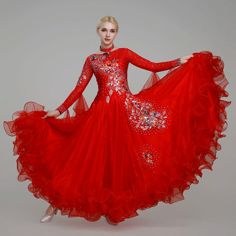 Modern Ballroom Dance Dresses for Women Girls Blue Red Black Bling Waltz Tango Foxtrot Rhythm Group Dance Costume Party Performance Ball Gown - Moderndancedress.com