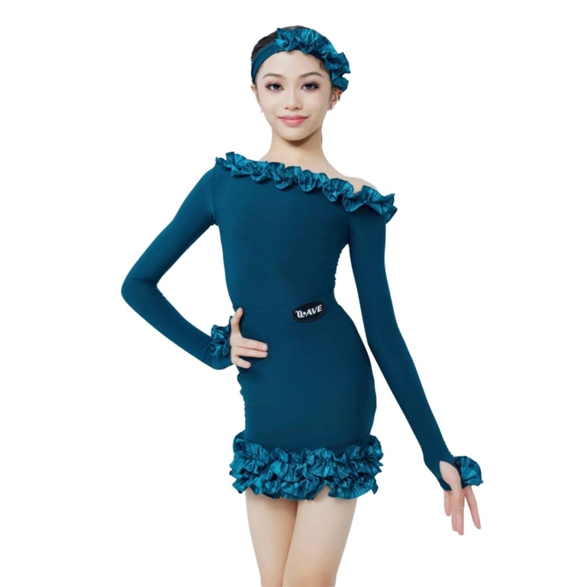 Girls Peacock Blue Slant Neck Latin Dance Dresses Ruffles Edge Off Shoulder Salsa Rumba Chacha Dance Long-sleeved Skirt for Kids - Moderndancedress.com