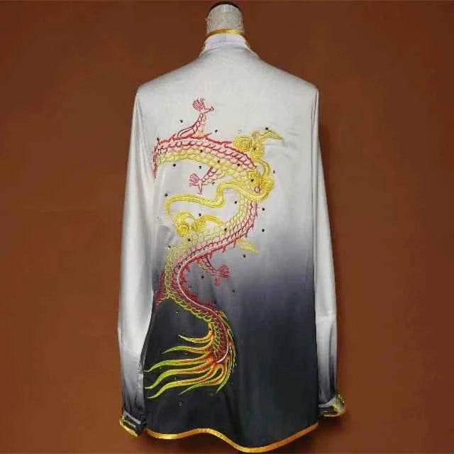 Custom Size White Black Gradient Tai Chi Clothing for Unisex Embroidery Dragon Wushu Martial Art Changquan Competition Uniforms