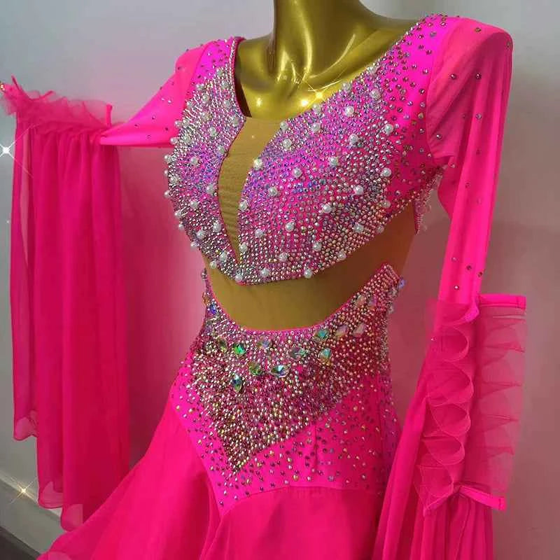 Custom Size Fuchsia Rhinestones Competition Ballroom Dance Dress Waltz Tango Dancing Gown
