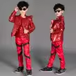Boys Kids Red Sequins Pu Leather Rivet Jazz Dance Costumes Shrugged Shoulder Drummer Model Show Singers Host Model  Performance Outfits - Moderndancedress.com