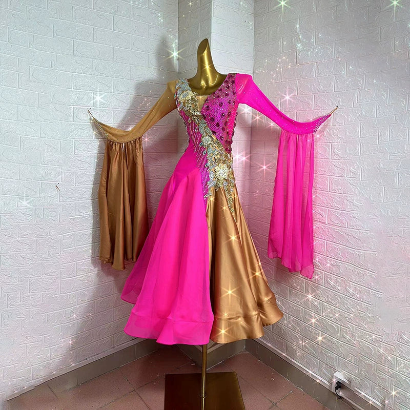 Custom Size Ballroom Dance Dresses for Women Gold Pink Waltz Tango Rhythm Dance Long Gown Long Swing Skirts