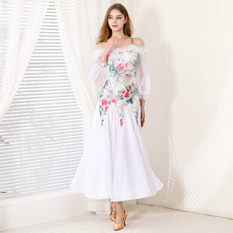 White Floral Ballroom Dance Dresses for Women Girls Waltz Tango Flamenco Dew Shoulder Dancing Long Gown for Female - Moderndancedress.com