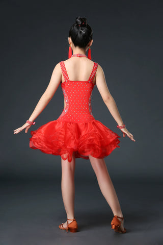 Competition Latin Dance Dresses for Kids Girls Orange White Red Neon Green Rhinestones Competition Grade Salsa Chacha Party Performance Outfits for Kids - Moderndancedress.com