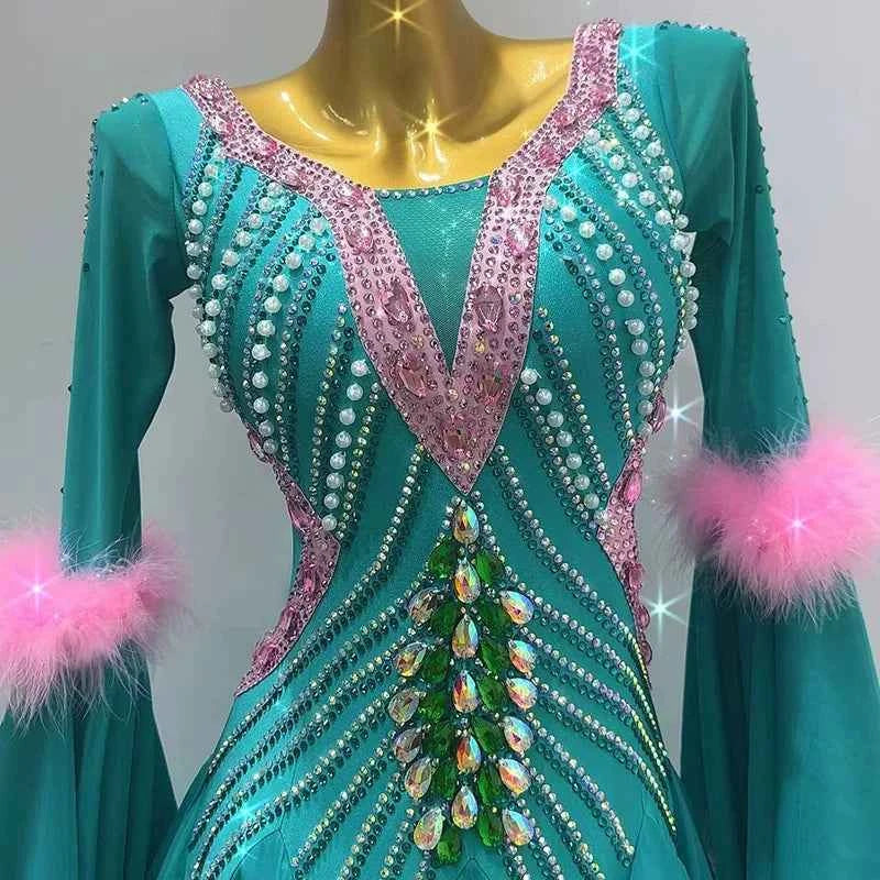 Customized Size Turquoise Pink Ballroom Dance Dresses Waltz Tango Smooth Dance Long Gown