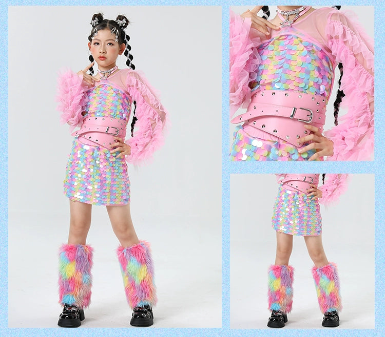 Rainbow Sequined Jazz Dance Costumes for Girls Kids Model Runway Catwalk Clothes Festival Party Dress Up Photos Shooting Outfits - Moderndancedress.com