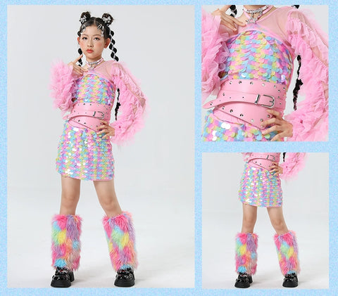 Rainbow Sequined Jazz Dance Costumes for Girls Kids Model Runway Catwalk Clothes Festival Party Dress Up Photos Shooting Outfits - Moderndancedress.com
