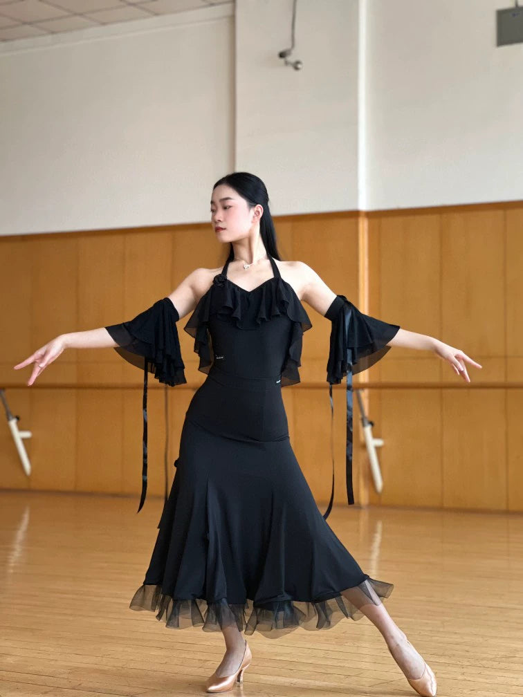 Ballroom Dance Dresses for Women Girls Ruffles Black Pink Lace Waltz Tango Rhythm Dance Long Skirts