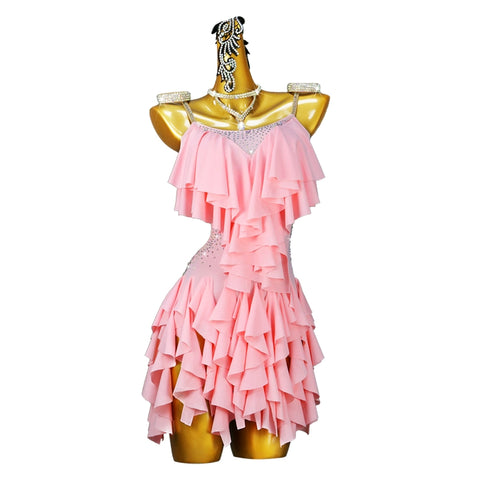 Pink Fringe Ruffles Latin Dance Dress for Women Girls Salsa Rumba Chacha Dancing Costumes for Female - Moderndancedress.com