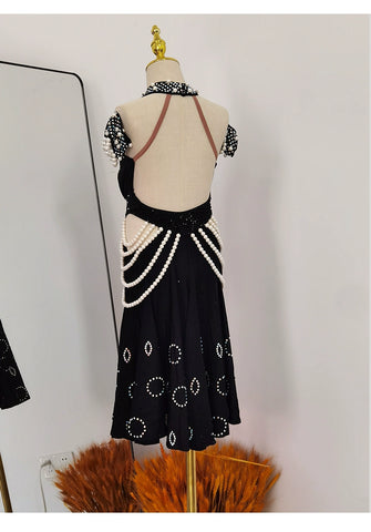 Girls Latin Dance Dresses for Kids Purple Black Pearls Diamond Salsa Rumba Chacha Performance Costumes