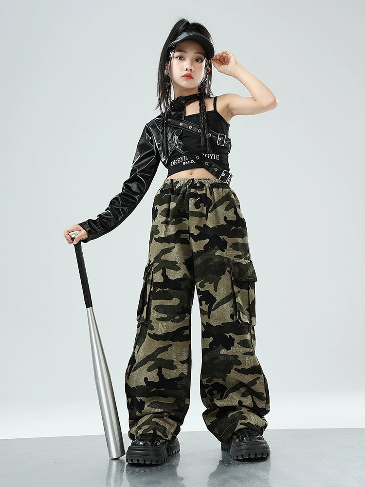 Girls Jazz Dance Costume Kids Rapper Singers Hip Hop Street Dance Outfits Single Sleeve Leather Coat Camouflage Pants - Moderndancedress.com