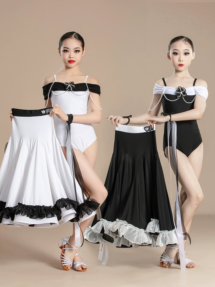 Girls white black Modern ballroom dance dresses kids Waltz Tango Performances Competition long gown swing skirts for Children - Moderndancedress.com