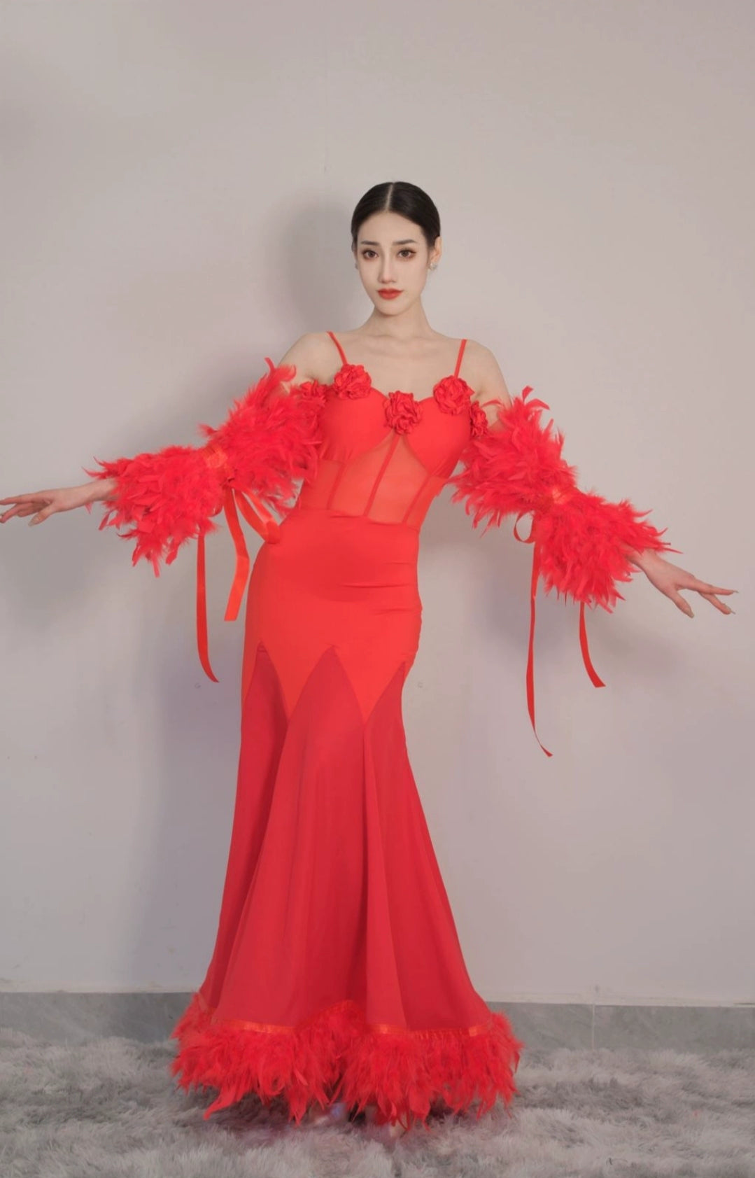 Red Feather Ballroom Dance Dresses for Women Girls Waltz Tango Foxtrot Smooth Dance Skirt National Rhythm Standard Dance Long Gown - Moderndancedress.com