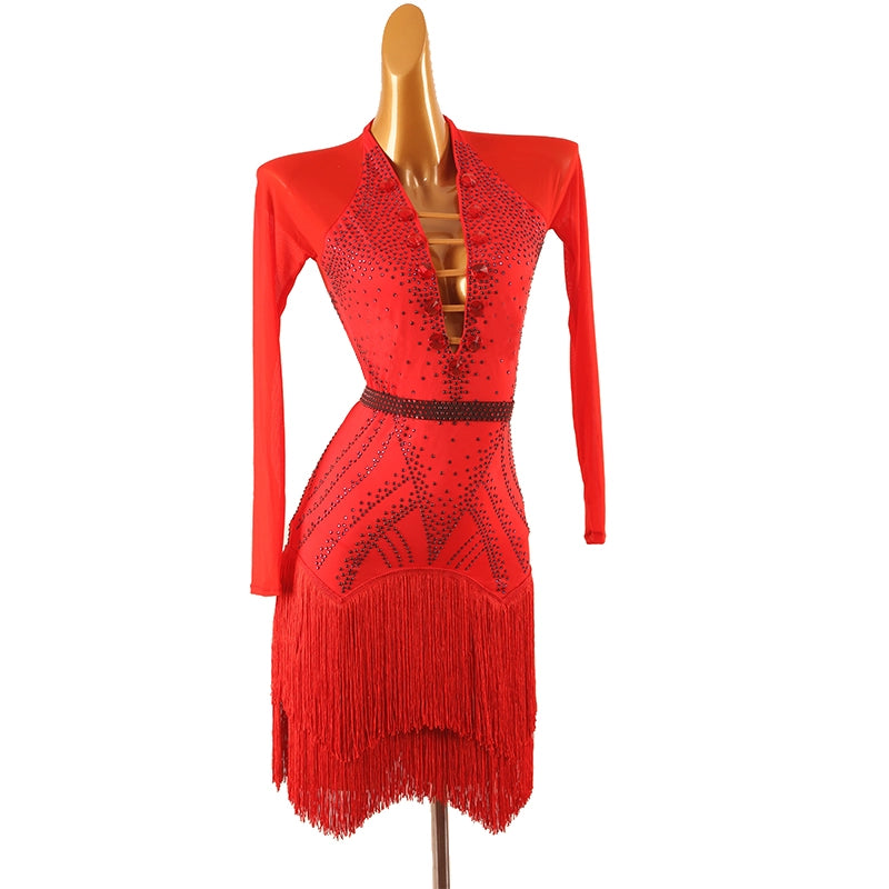 Red Fringe Competition Latin Dance Dresses for Women Girls Crystal Long Sleeves Salsa Rumba Chacha Professional Salsa Rumba Dancing Costumes