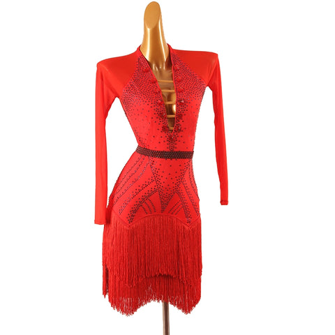 Red Fringe Competition Latin Dance Dresses for Women Girls Crystal Long Sleeves Salsa Rumba Chacha Professional Salsa Rumba Dancing Costumes