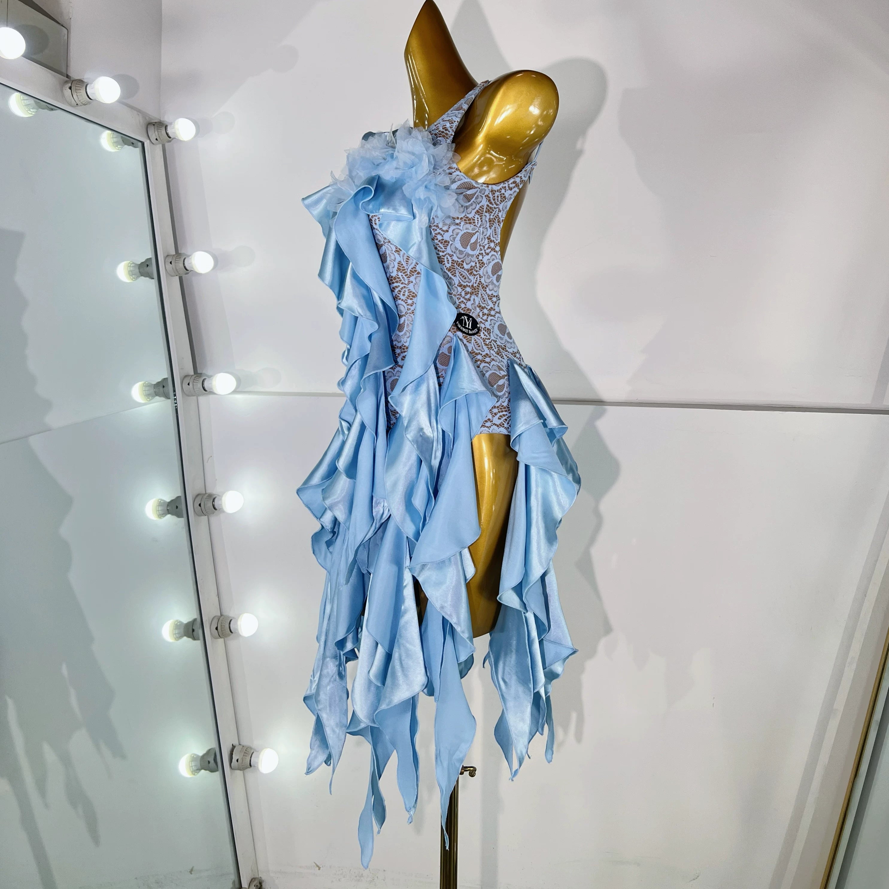 Custom Size Blue Lace Latin Dance Dress Salsa Ballroom Irregular Hem Fringe Skirt