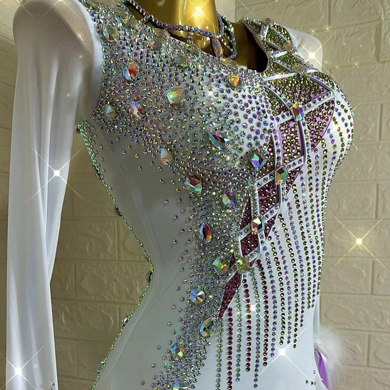 Customized Size Light Purple Crystals Competition Ballroom Dance Dresses for Women Girls Rhythm Smooth Foxtrot Waltz Performance Gown - Moderndancedress.com