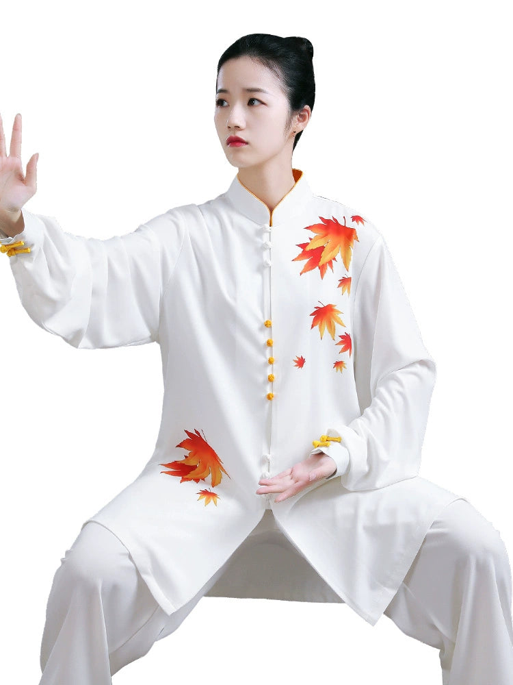 Chinese kung fu Tai Chi Clothing for unisex Leaf Printing martial art wushu competition uniforms Baduanjin Wushu Performance clothes - Moderndancedress.com