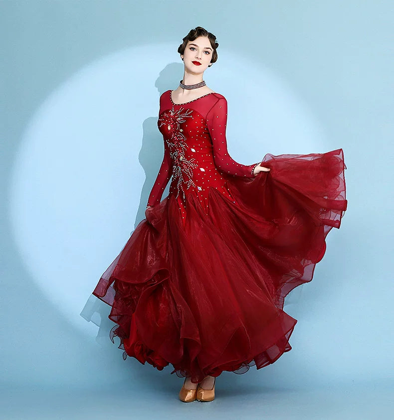 Navy Ballroom Competition Dress with Rhinestones & Floats Waltz Rhythm Dance Gown