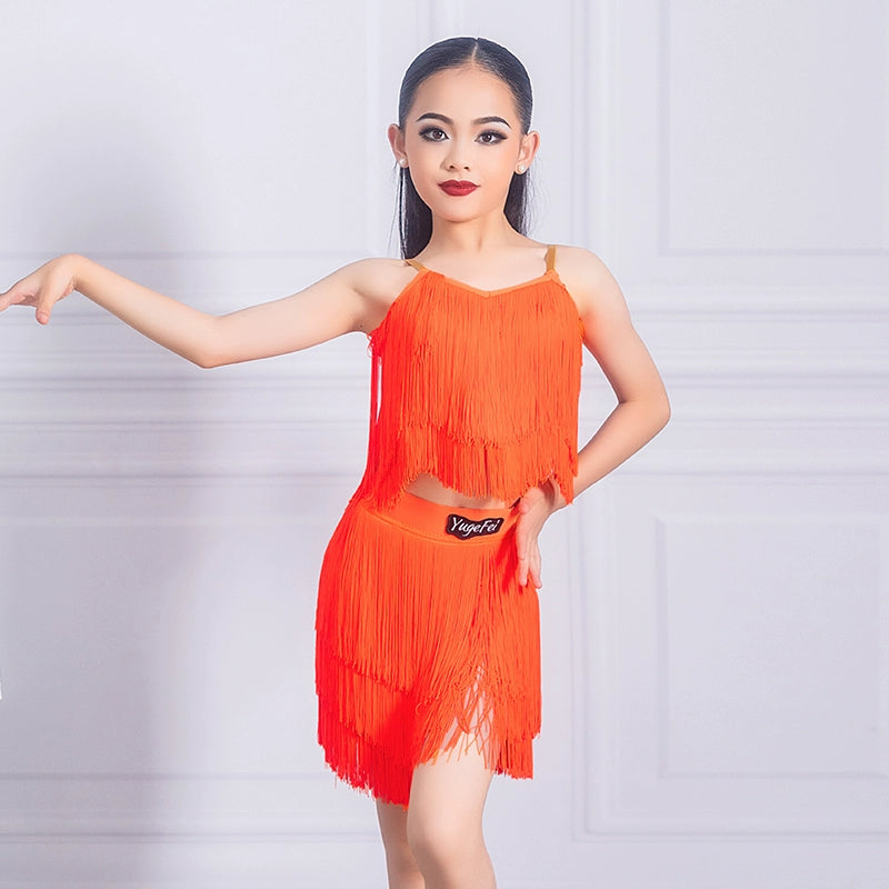 orange tassels Latin Dance dresses for girls kids samba salsa chacha  Dance fringe costumes modern dance Performance Class Uniform - Moderndancedress.com
